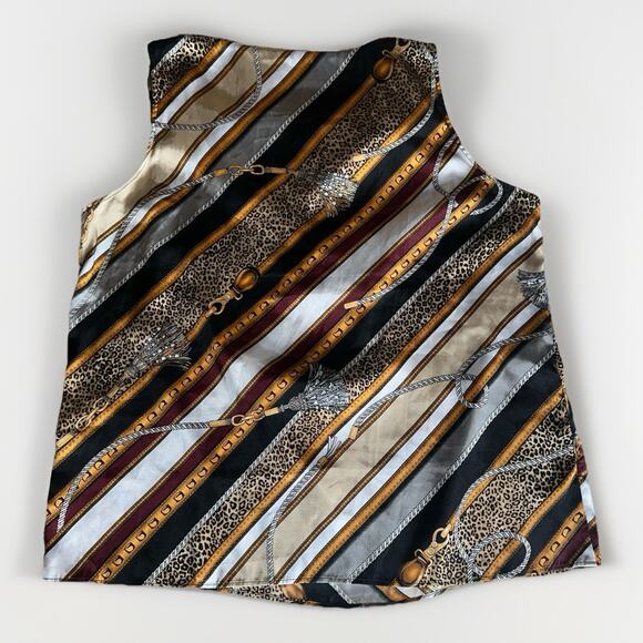 WHBM Gold Chain Print Sleeveless Blouse XL Satin Baroque Leopard Striped Top - Picture 2 of 8